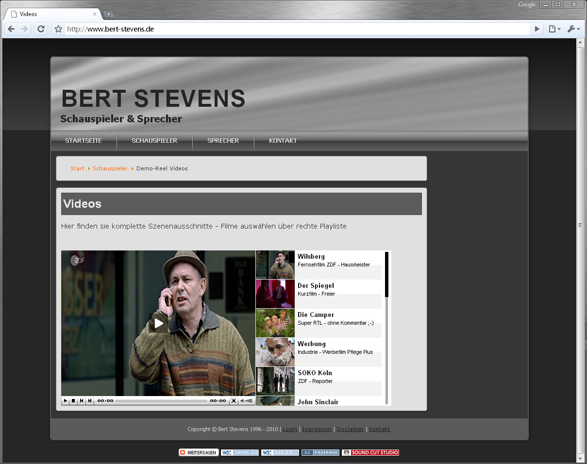 Screenshot der Homepage von Schauspieler & Sprecher Bert Stevens